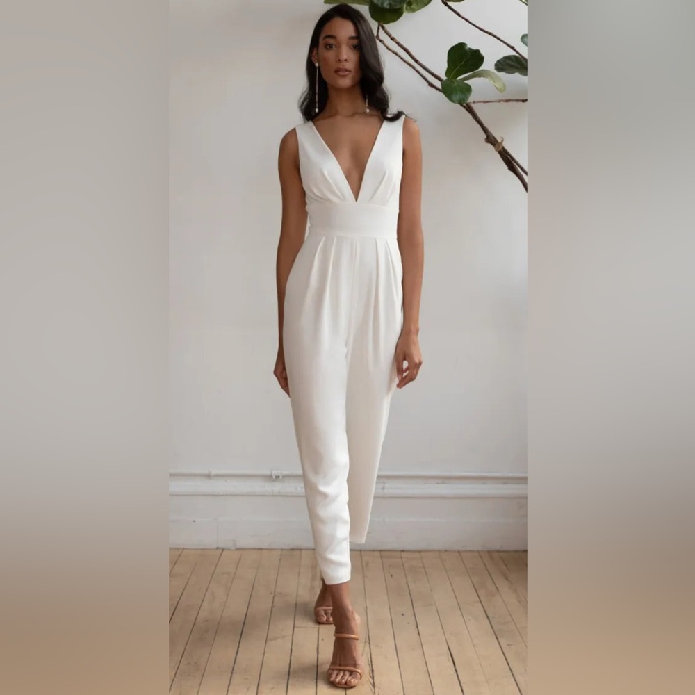 Jenny Yoo Skylar Jumpsuit, Ivory, Size 12